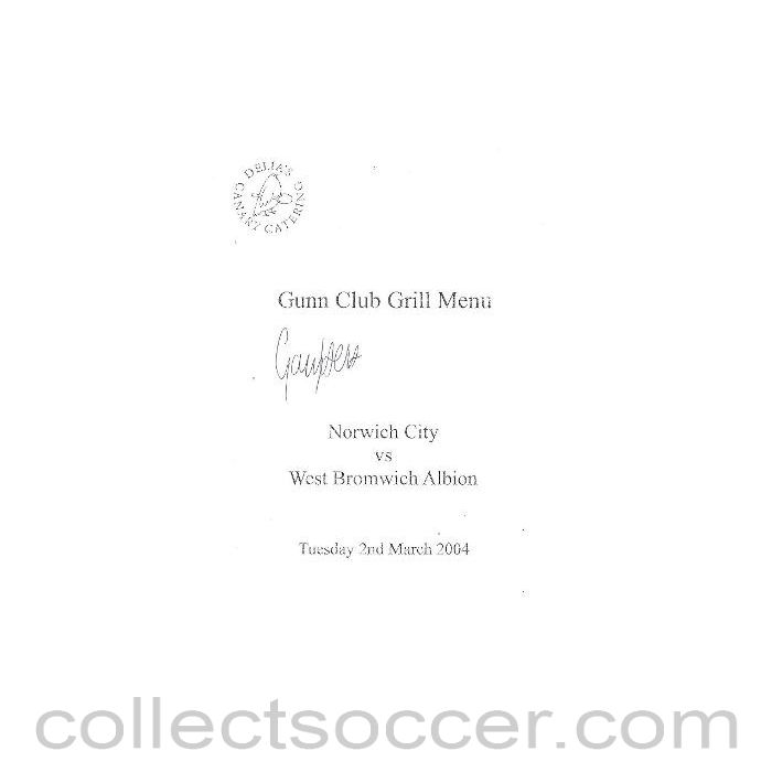 2004 - Norwich City v West Bromwich Albion signed menu 02/03/2004