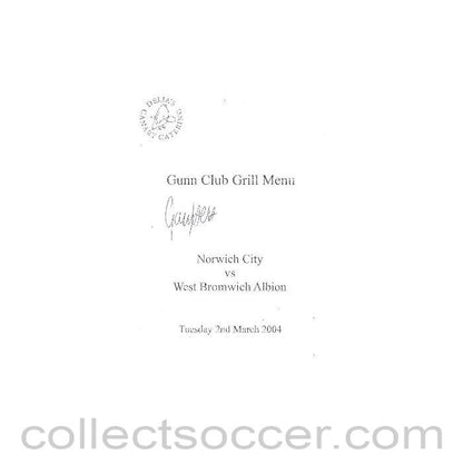 2004 - Norwich City v West Bromwich Albion signed menu 02/03/2004