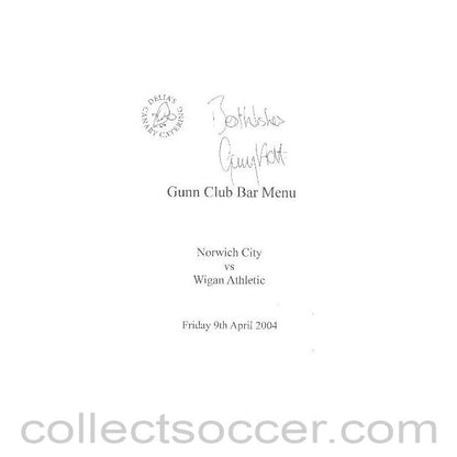2004 - Norwich City v Wigan Athletic signed menu 09/04/2004