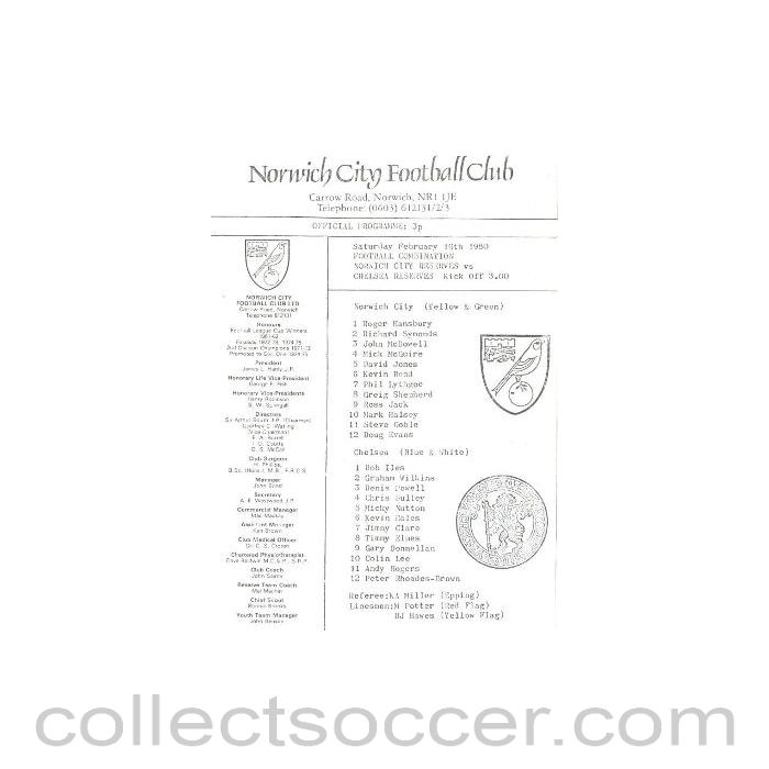 1980 - Norwich City Reserves vChelsea Reserves official programme 16/02/1980