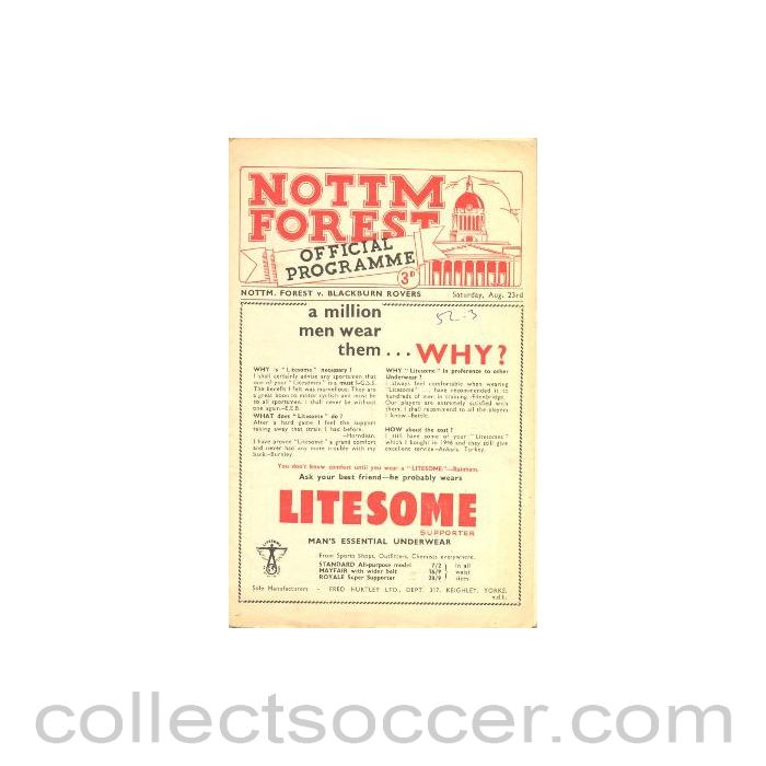 1952 - Nottingham Forest v Blackburn Rovers official programme 23/08/1952