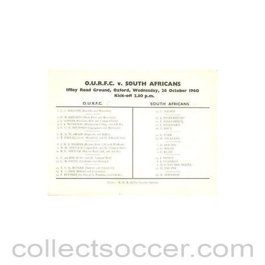 1960 - O.U.R.F.C. v South Africans official cricket programme 26/10/1960