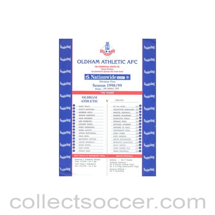 1999 - Oldham Athletic v Chelsea official colour teamsheet 02/01/1999 Football League