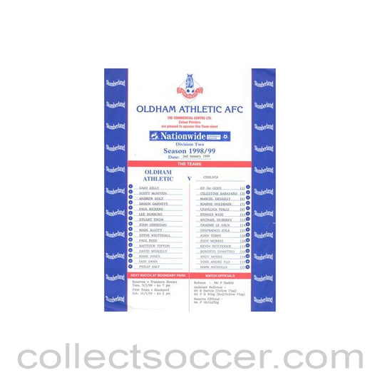 1999 - Oldham Athletic v Chelsea official colour teamsheet 02/01/1999 Football League