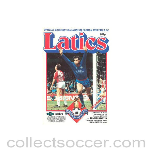 1988 - Oldham Athletic v Darlington official programme 11/10/1988 Littlewoods Cup