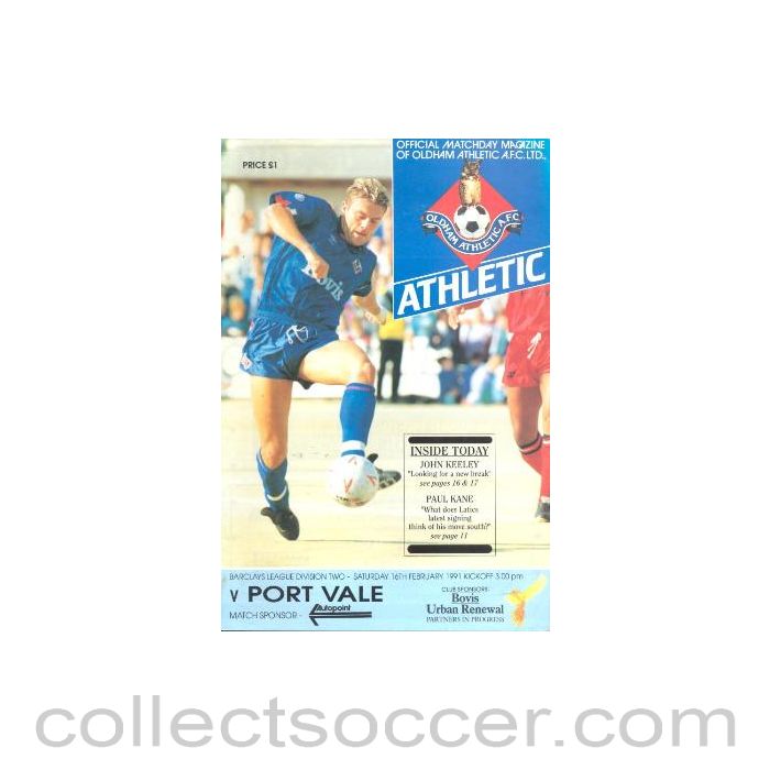 1991 - Oldham Athletic v Port Vale official programme 16/02/1991 League
