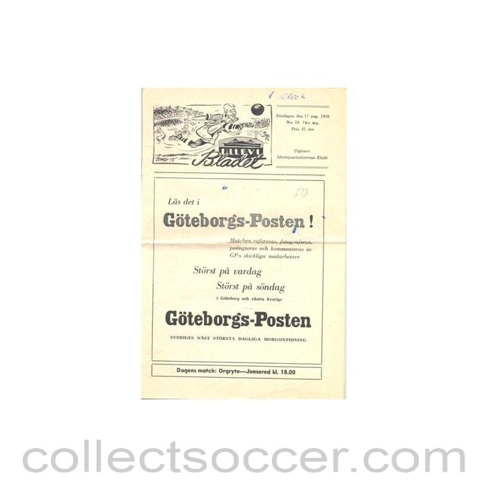 1958 Orgryte v Jonsered (Sweden) official programme 17/08/1958