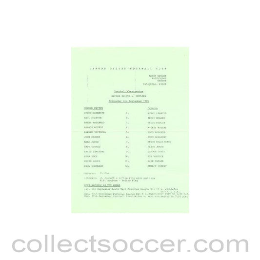 1986 - Oxford United v Chelsea official teamsheet 03/09/1986