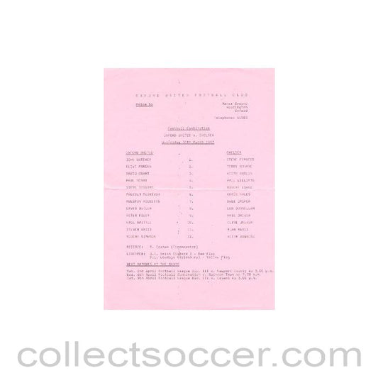 1983 - Oxford United v Chelsea official teamsheet 30/03/1983 Reserves