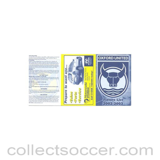 2002 - Oxford United Fixtures 2002-2003