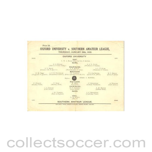 1932 - Oxford University v Southern Amateur League 28/01/1932 Very Rare!