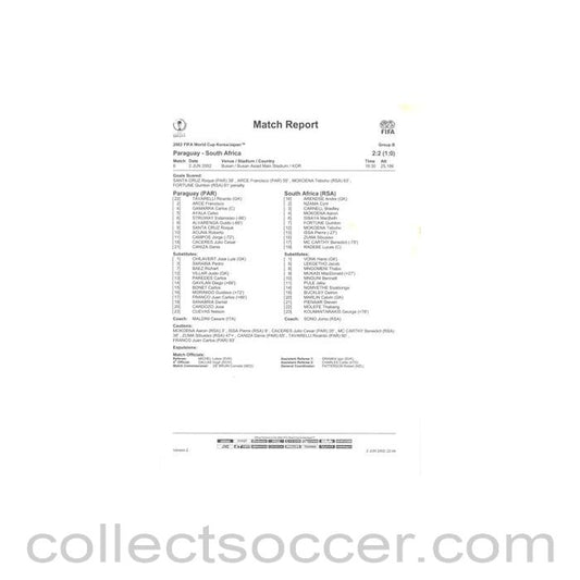 2002 World Cup - Paraguay v South Africa 02/06/2002 Match Report & Game Statistics