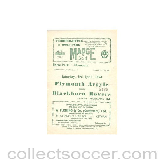 1954 - Plymouth Argile v Blackburn Rovers official programme 03/04/1954