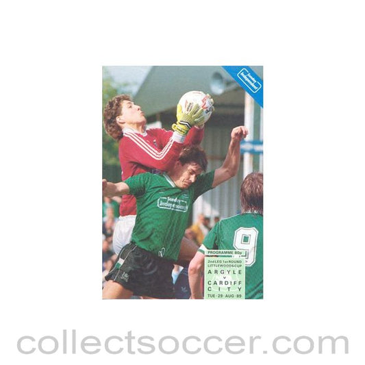 1989 - Plymouth Argile v Cardiff City official programme 29/08/1989 Littlewoods Cup