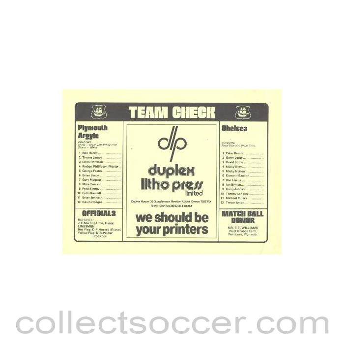 1972 - Plymouth Argyle v Chelsea teamsheet probably of season 1972-73