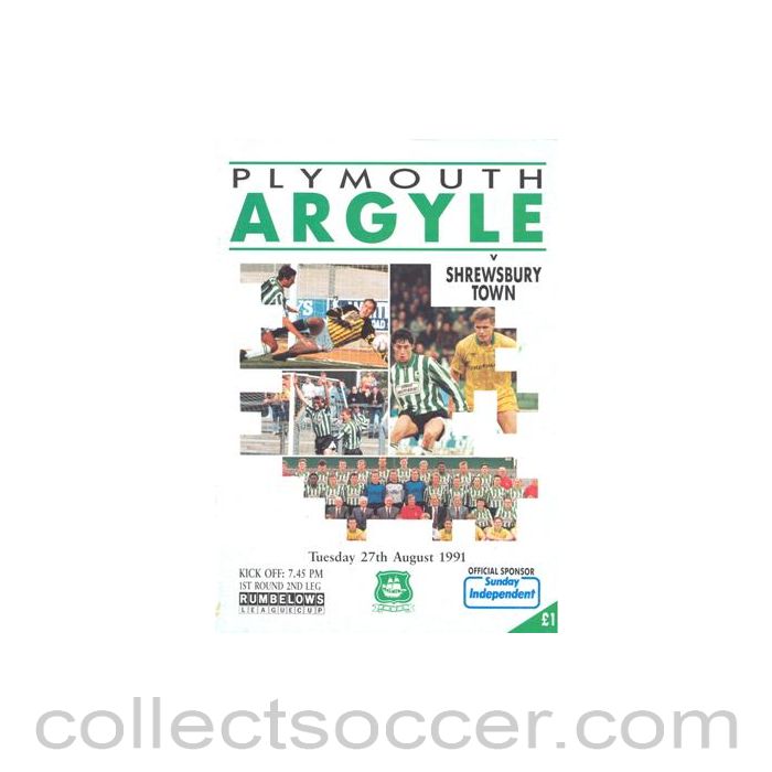 1991 - Plymouth Argile v Shrewsbury Town official programme 27/08/1991 Rumbelows League Cup