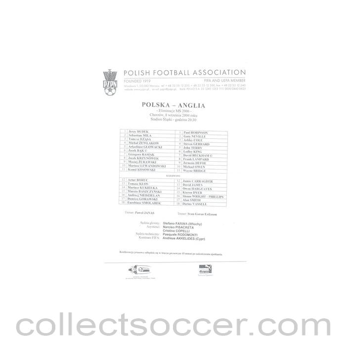 2004 - Poland v England official teamsheet 08/09/2004