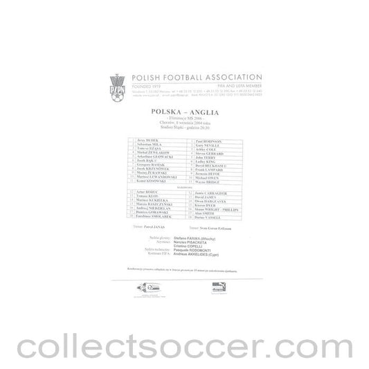 2004 - Poland v England official teamsheet 08/09/2004