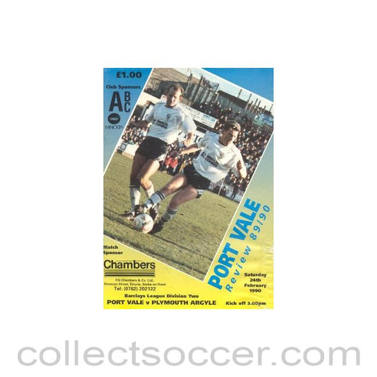 1990 - Port Vale v Plymouth Argyle official programme 24/02/1990 League, reduced price