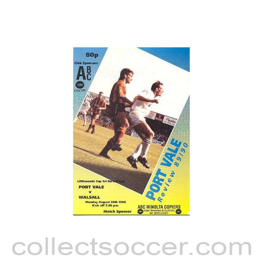 1989 - Port Vale v Walsall official programme 29/08/1989 Littlewoods Cup