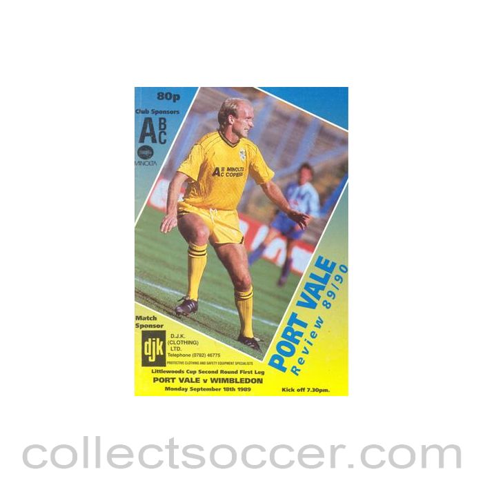 1989 - Port Vale v Wimbledon official programme 18/09/1989 Littlewoods Cup