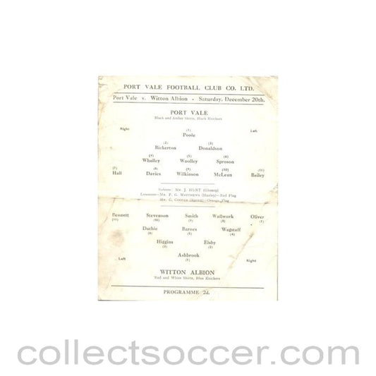 1958 - Port Vale v Witton Albion official programme 20/12/1958