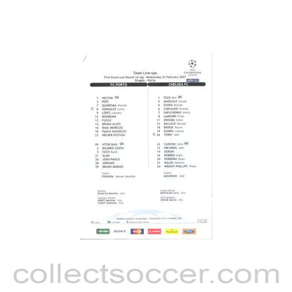 2007 - Porto v Chelsea Line-Ups 21/02/2007 Champions League