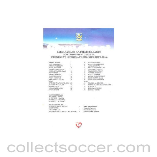 2004 - Portsmouth v Chelsea official colour teamsheet 11/02/2004 Premier League