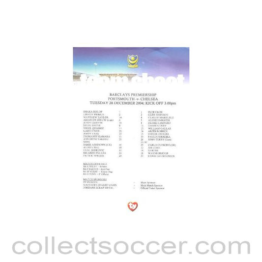 2004 - Portsmouth v Chelsea official teamsheet 28/12/2004 Barclays Premiership match