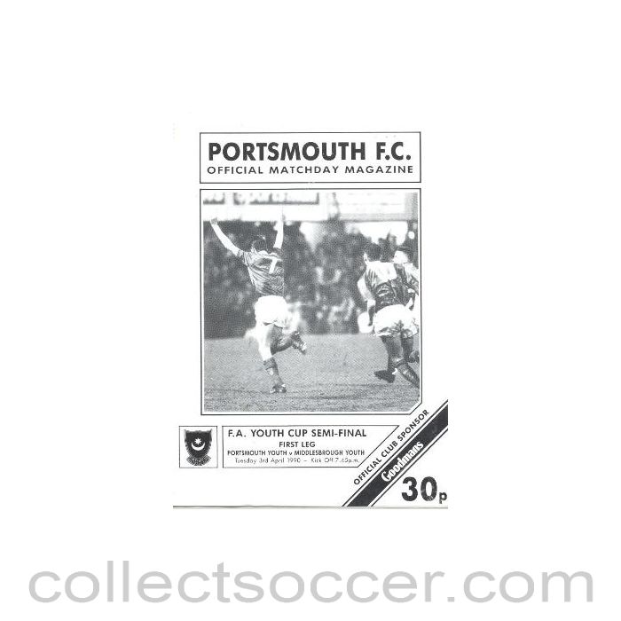 1990 - Portsmouth v Middlesbrough official programme 03/04/1990 F.A. Youth Cup Semi-Final