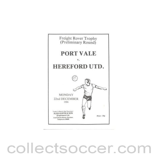 1986 - Port Vale v Hereford United official programme 22/12/1986 Freight Rover Trophy
