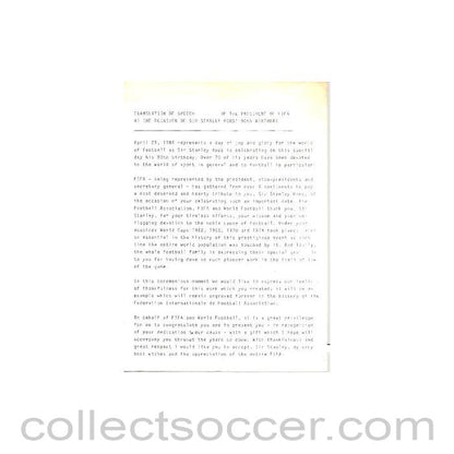 Translation of speech of the President of FIFA at the ocasion of Sir Stanley Rous 90th birthday