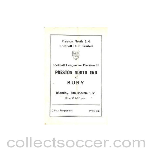 1971 - Preston North End v Bury official programme 08/03/1971 Football League