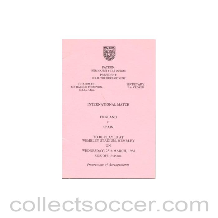 1981 England v Spain programme of arrangements Royal Box