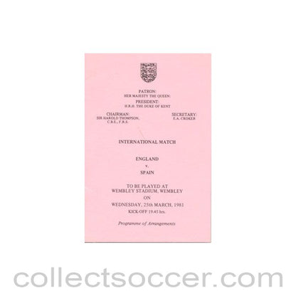 1981 England v Spain programme of arrangements Royal Box