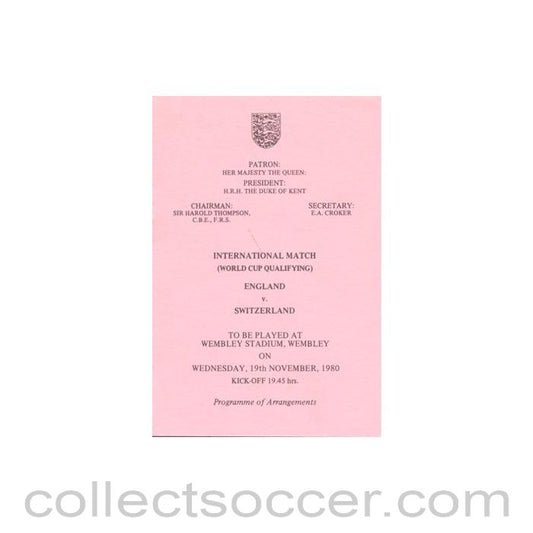 1980 England v Switzerland programme of arrangements Royal Box