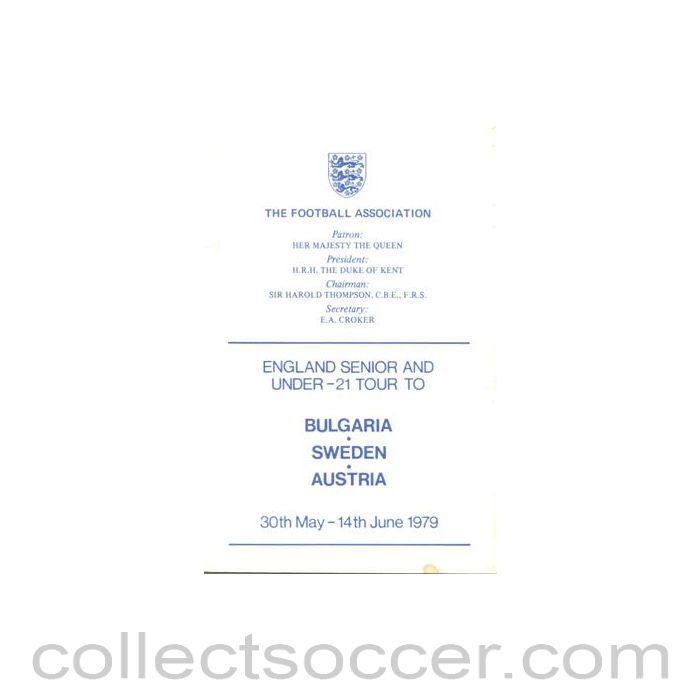 1979 England Senior & U21 Tour to Bulgaria, Sweden and Austria programme of arrangements Royal Box