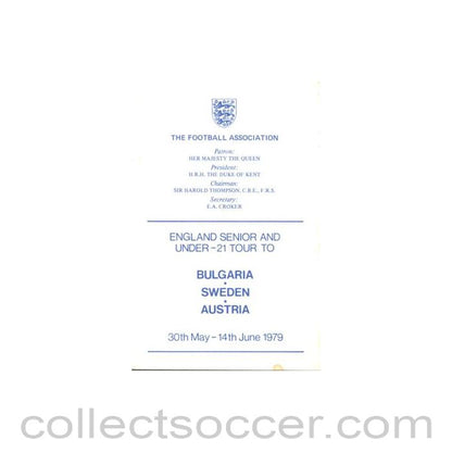 1979 England Senior & U21 Tour to Bulgaria, Sweden and Austria programme of arrangements Royal Box