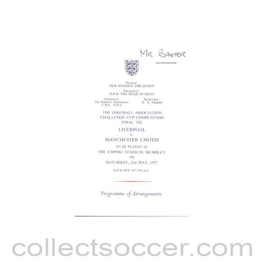 1977 FA Cup Final programme of arrangements Royal Box
