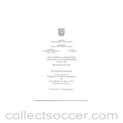 1981 FA Cup Final programme of arrangements Royal Box