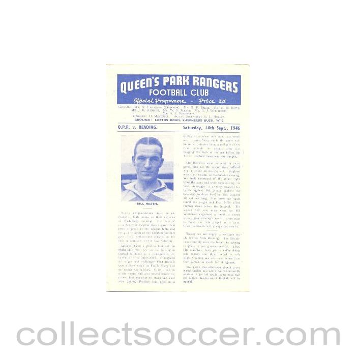 1946 - Queen's Park Rangers v Reading official programme 14/09/1946