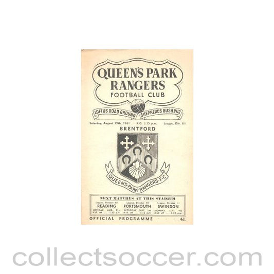 1961 - Queen's Park Rangers v Brentford official programme 19/08/1961