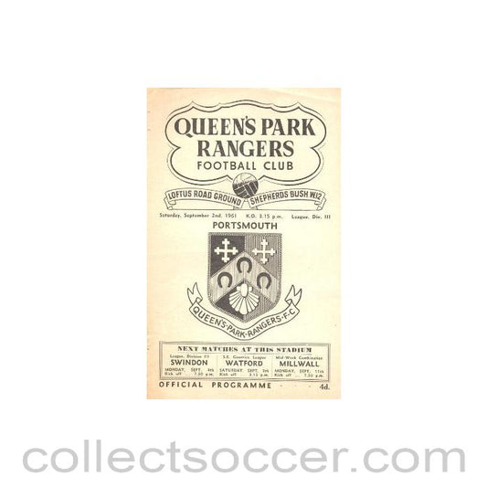 1961 - Queen's Park Rangers v Portsmouth official programme 02/09/1961