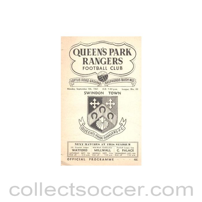 1961 - Queen's Park Rangers v Swindon Town official programme 04/09/1961