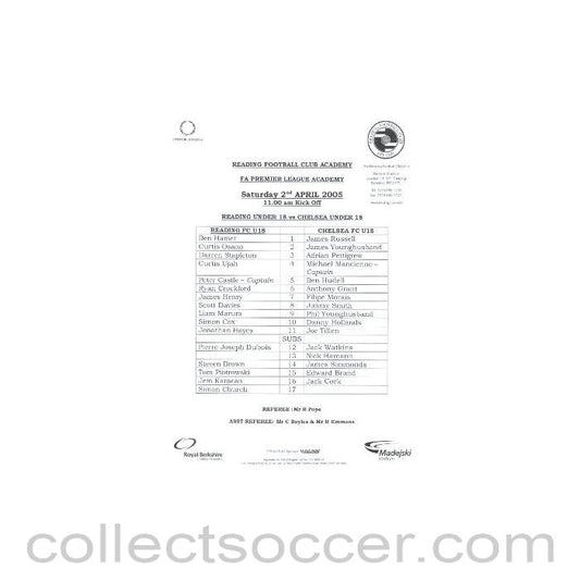 2005 - Reading vChelsea U18 official programme 16/04/2005 FA Premier Academy League