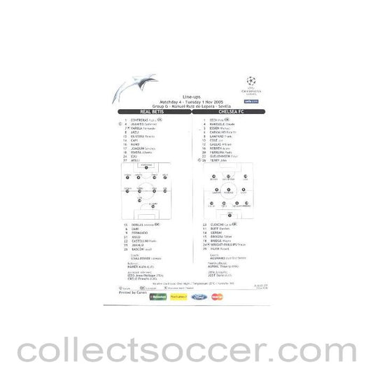 2005 - Real Betis v Chelsea Line-Ups sheet 01/11/2005