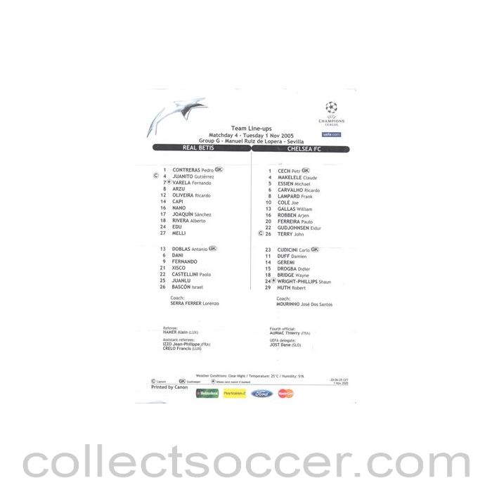 2005 - Real Betis v Chelsea teamsheet 01/11/2005 Champions League
