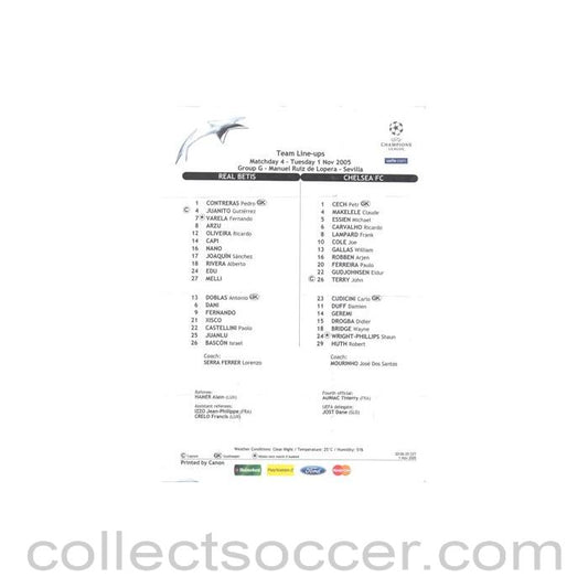 2005 - Real Betis v Chelsea teamsheet 01/11/2005 Champions League