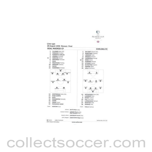 1998 - Real Madrid v Chelsea teamsheet 28/08/1998 Super Cup Final in Monaco