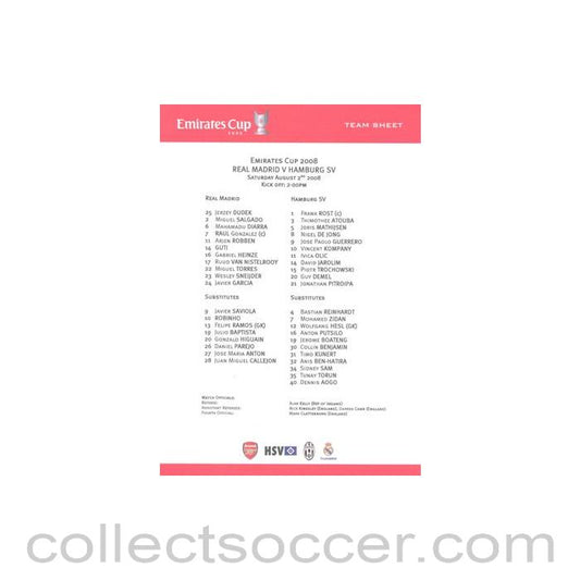 2008 - Real Madrid v Hamburg official colour teamsheet 02/08/2008 Emirates Cup
